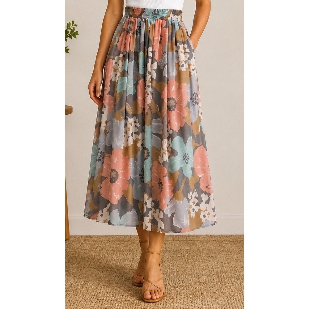 Vintage 80s 90s Tanjay Floral Chiffon Pleated Womens Boho Midi Skirt Size‎ 8